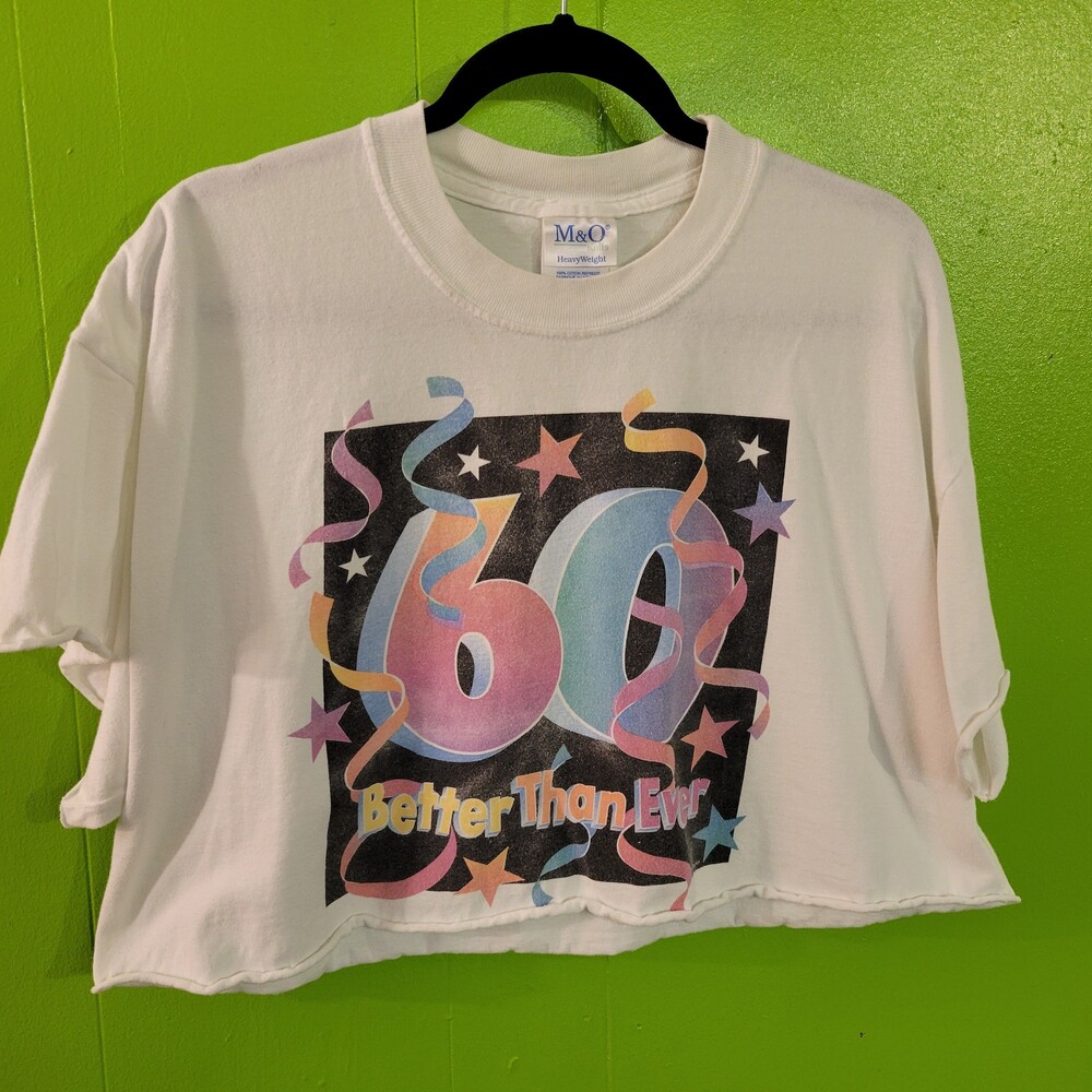 M&O Knits HeavyWeight Large White 90s Cropped tshirt funny birthday vtg vintage